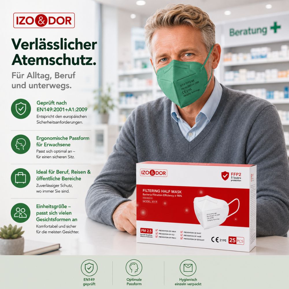 IZO&DOR | FFP2 NR Atemschutzmaske - CE-zertifiziert - EN149 - 5-lagig - Grün