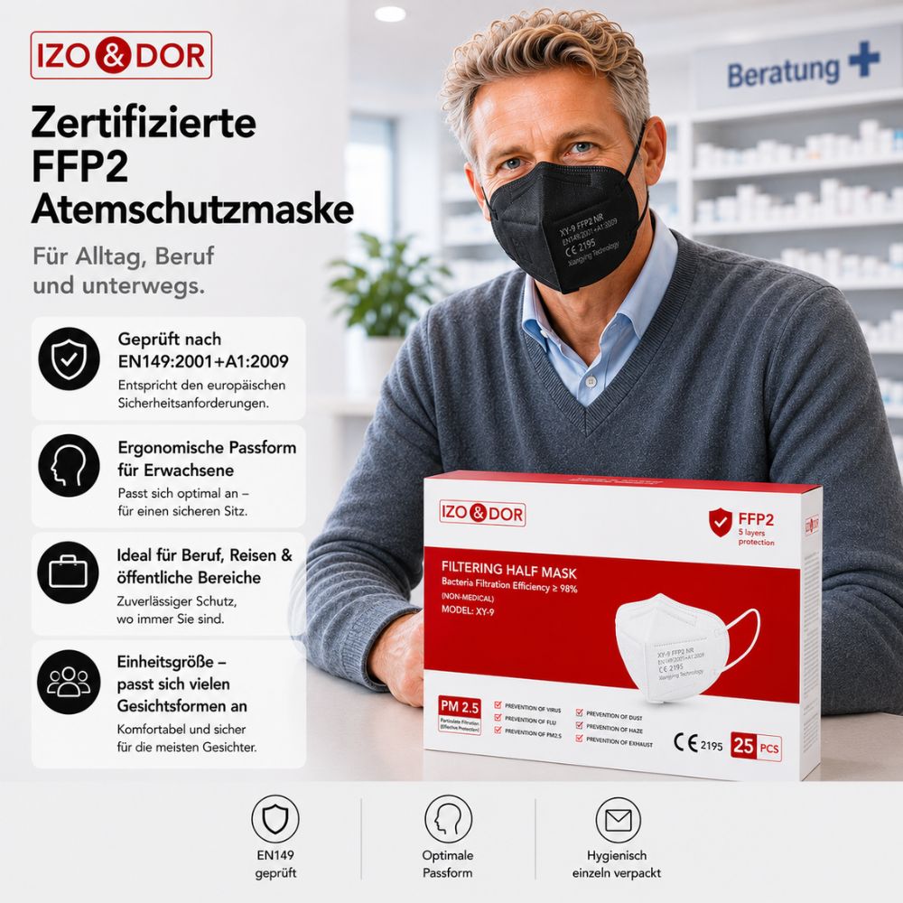 IZO&DOR | FFP2 NR Atemschutzmaske - CE-zertifiziert - EN149 - 5-lagig - Schwarz
