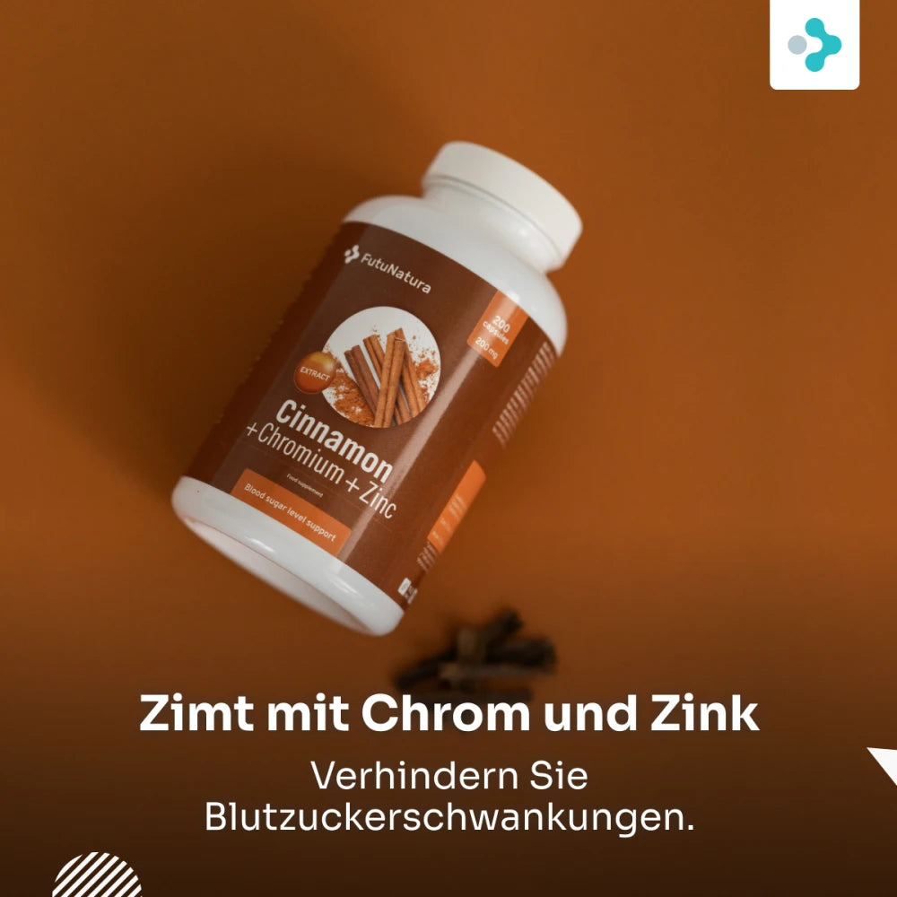 FutuNatura | Zimt mit Chrom und Zink für den Blutzuckerspiegel - 200 Kapseln