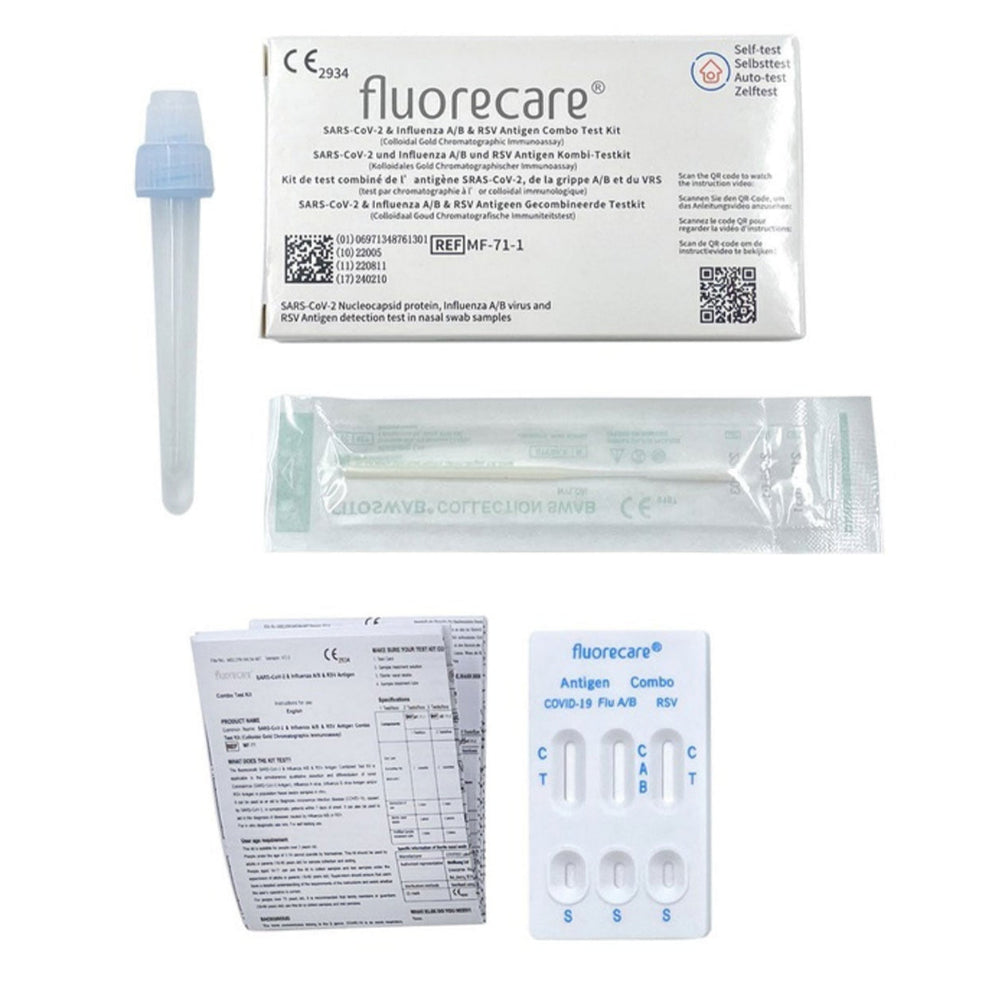 fluorecare® 4in1 SARS-CoV-2, Influenza A/B & RSV Combo-Schnelltest + Gratis Nanovio FFP2 Maske