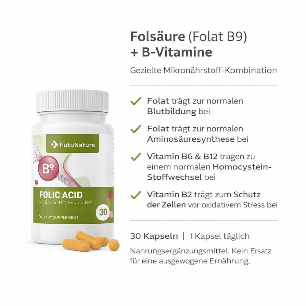FutuNatura | Folsäure (Folat B9) - Schwangerschaft und Stillen - 30 Kapseln