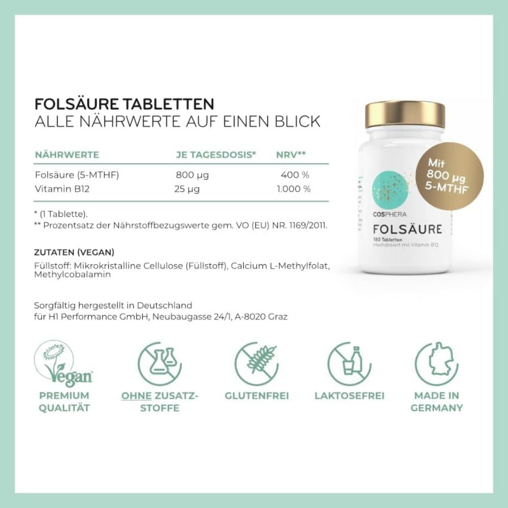 Cosphera | Folsäure Tabletten für Schwangere - 180 Stück