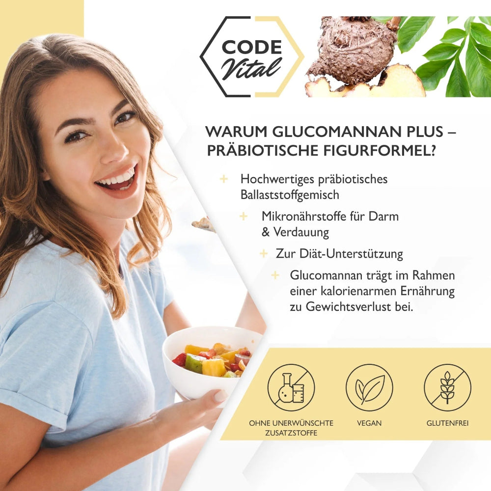Code Vital | Glucomannan Plus - Präbiotische Figurformel + Sättigungseffekt - 250g