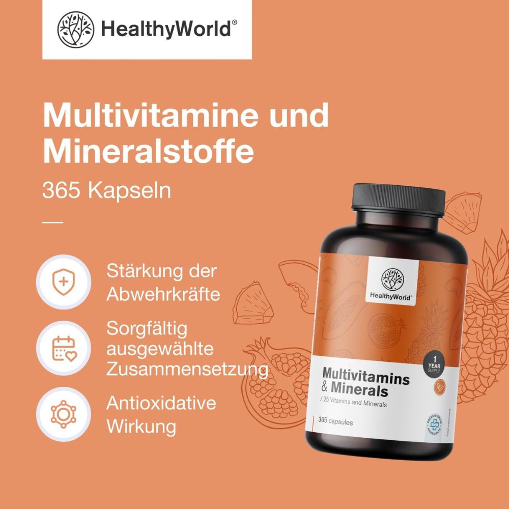 HealthyWorld | Multivitamine & Mineralien – 25 Vitamine & Mineralstoffe für Energie, Immunsystem & Vitalität - 365 Kapseln