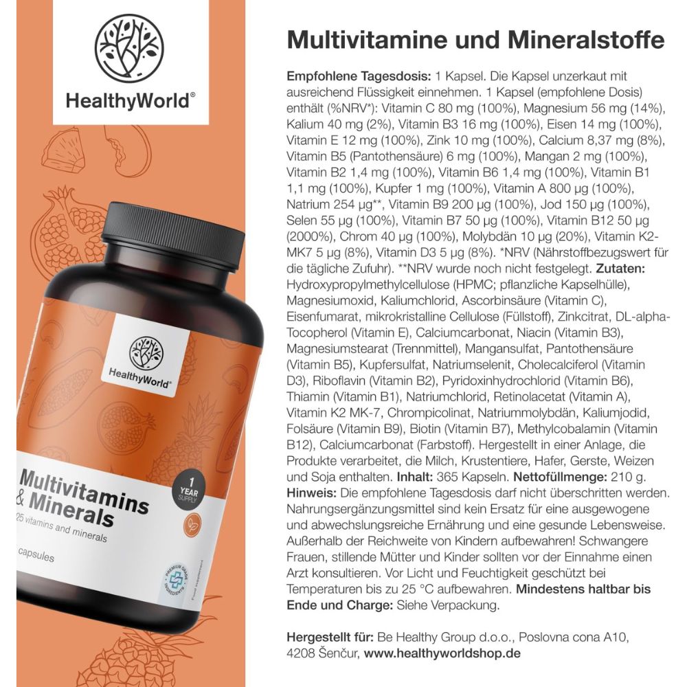 HealthyWorld | Multivitamine & Mineralien – 25 Vitamine & Mineralstoffe für Energie, Immunsystem & Vitalität - 365 Kapseln