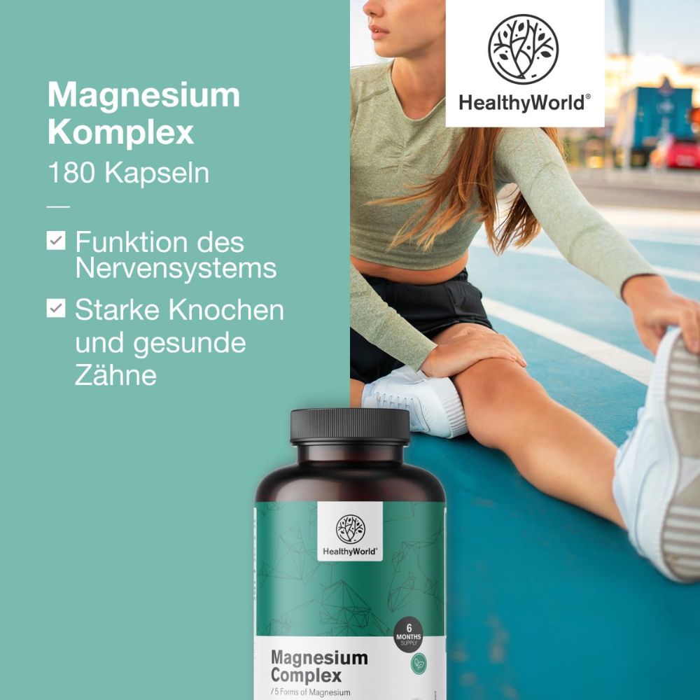 HealthyWorld | Magnesium Komplex – 5 Magnesiumformen für Muskeln, Energie & Nerven - 180 Kapseln