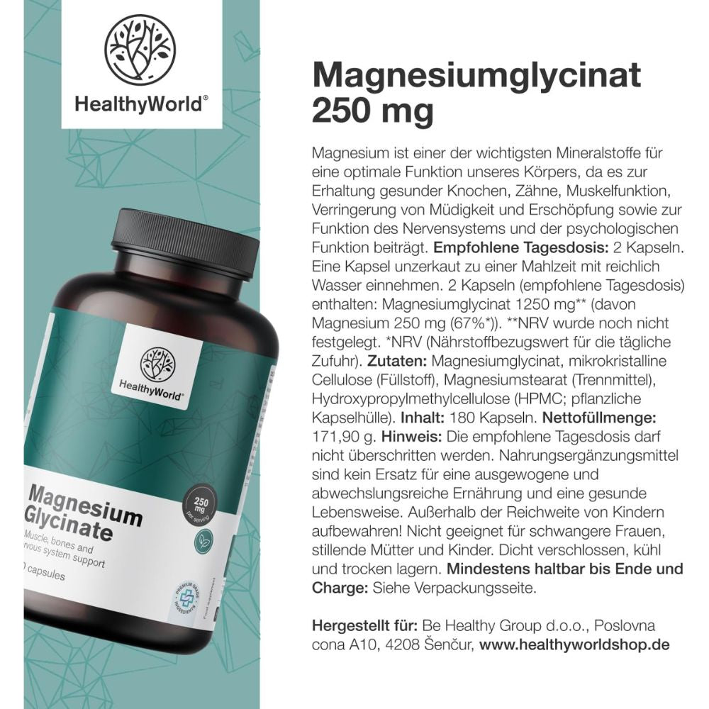 HealthyWorld | Magnesiumglycinat 250 mg - 180 Kapseln
