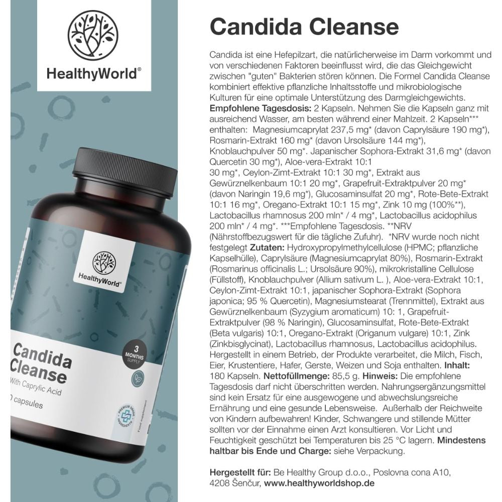 HealthyWorld | Candida Cleanse für Gleichgewicht der Darm- und Vaginalflora - 180 Kapseln