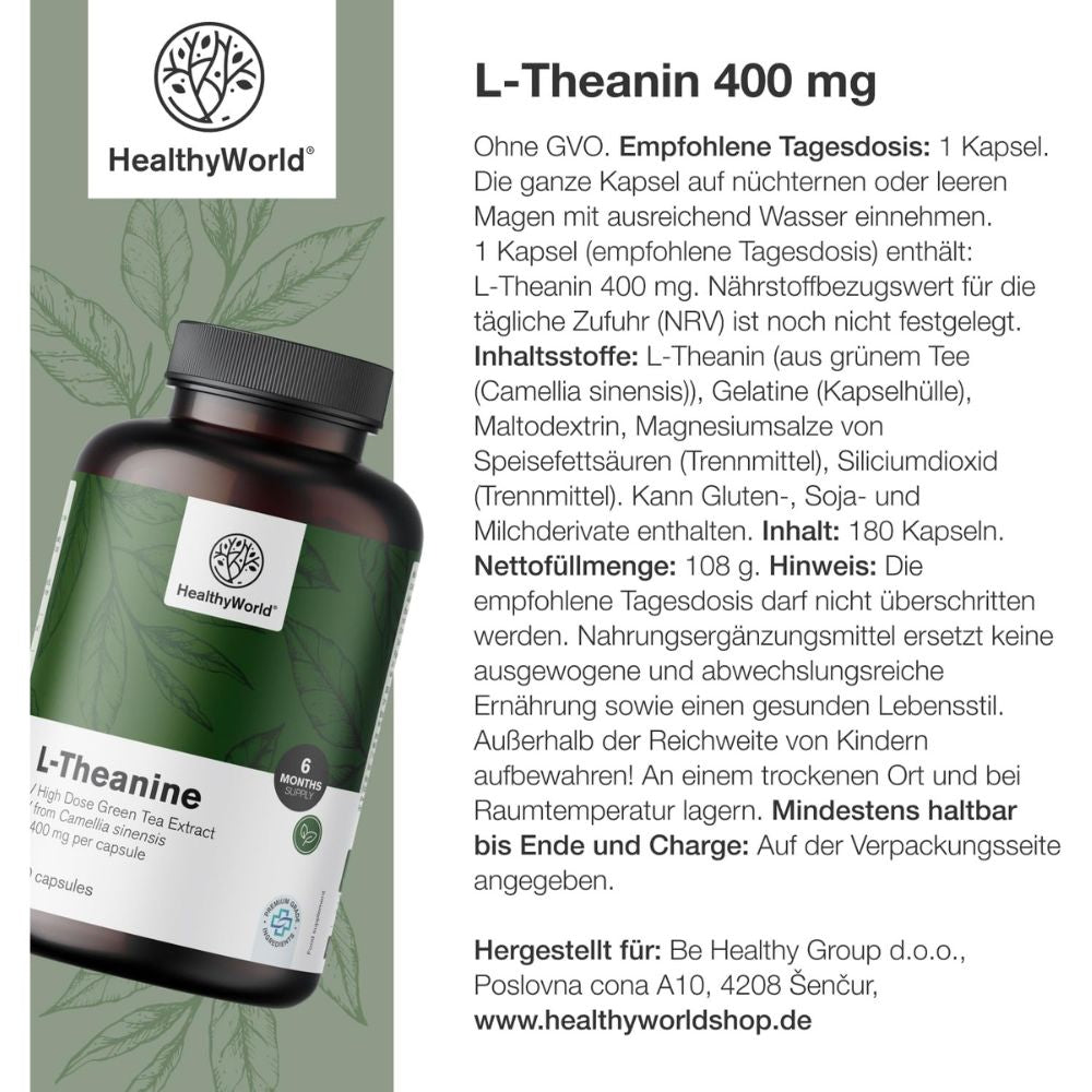 HealthyWorld | L-Theanin 400 mg für Fokus und innere Ruhe - 180 Kapseln