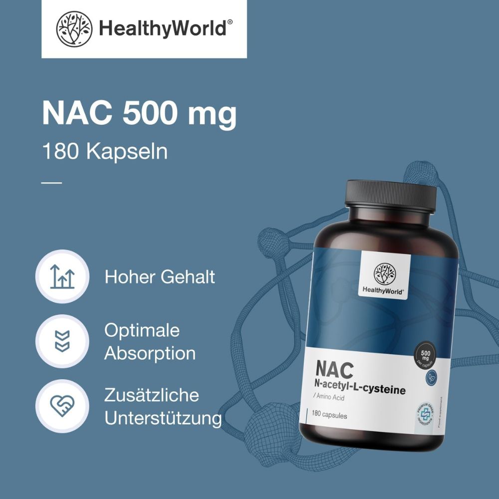 HealthyWorld | NAC 500 mg – Hochdosiertes N-Acetyl-Cystein - 180 Kapseln