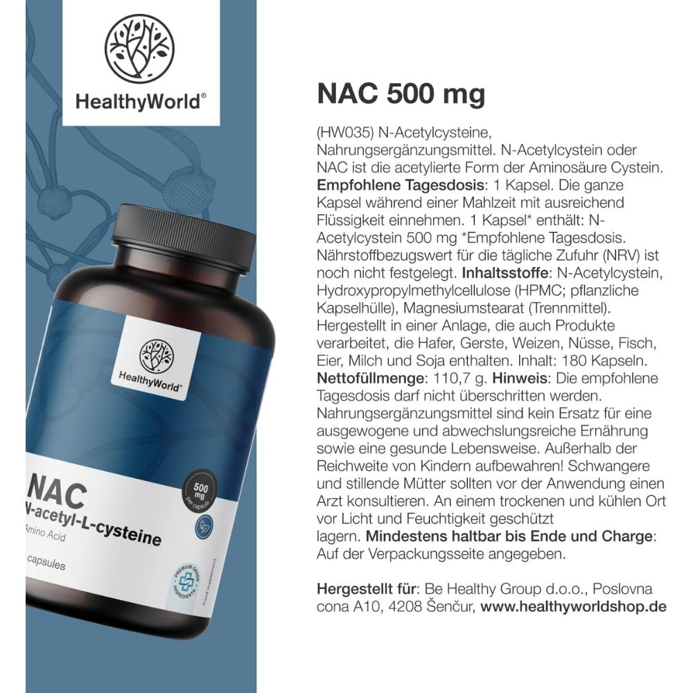 HealthyWorld | NAC 500 mg – Hochdosiertes N-Acetyl-Cystein - 180 Kapseln