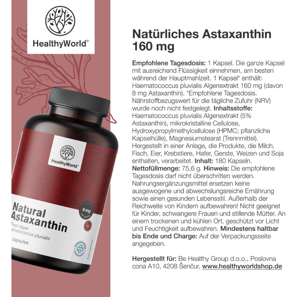 HealthyWorld | Natürliches Astaxanthin 160 mg - 180 Kapseln