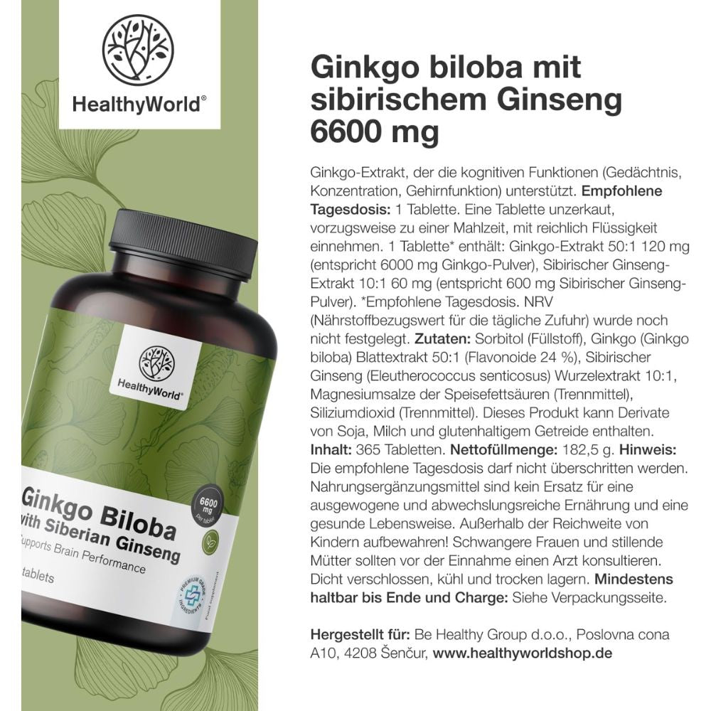 HealthyWorld | Ginkgo mit Sibirischem Ginseng 6600 mg - 365 Tabletten
