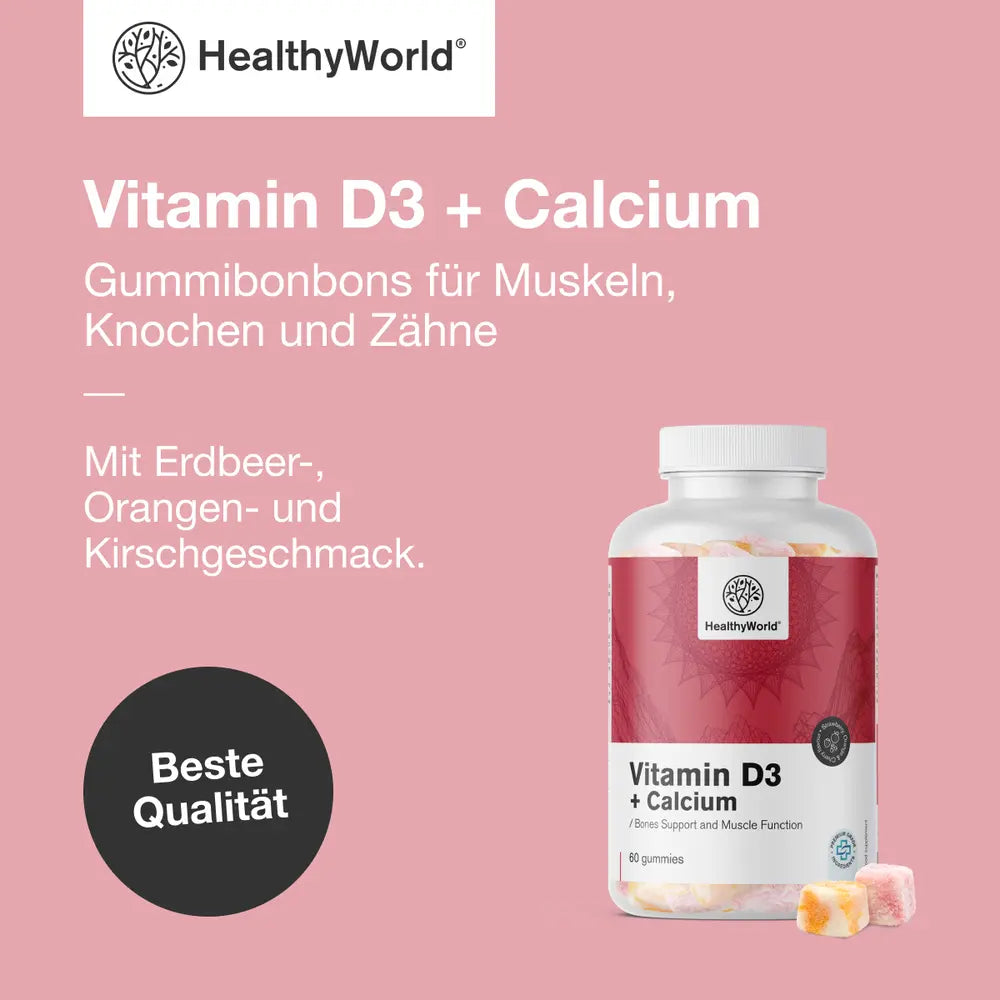 HealthyWorld | Vitamin D3 + Calcium – Gummibonbons für Muskeln, Knochen und Zähne – 60 Stück