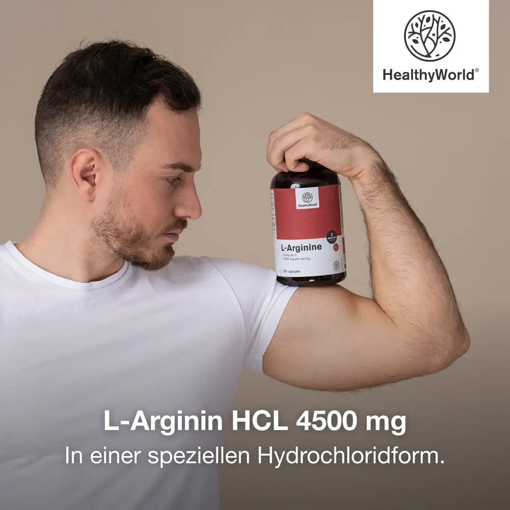 HealthyWorld | L-Arginin HCL 4500 mg für Aktive, Männer und Senioren - 365 Kapseln