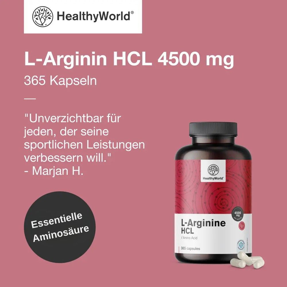 HealthyWorld | L-Arginin HCL 4500 mg für Aktive, Männer und Senioren - 365 Kapseln