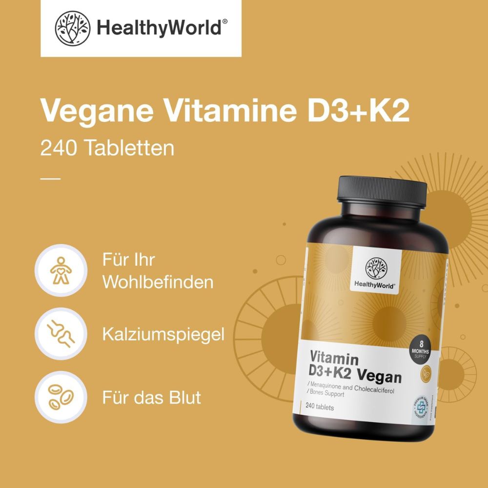 HealthyWorld | Vegane Vitamine D3+K2 - 240 Tabletten
