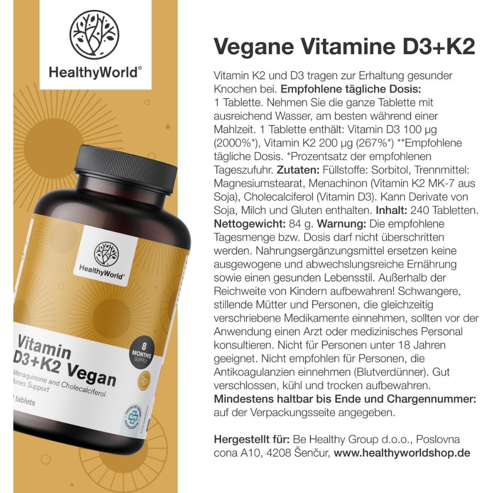 HealthyWorld | Vegane Vitamine D3+K2 - 240 Tabletten