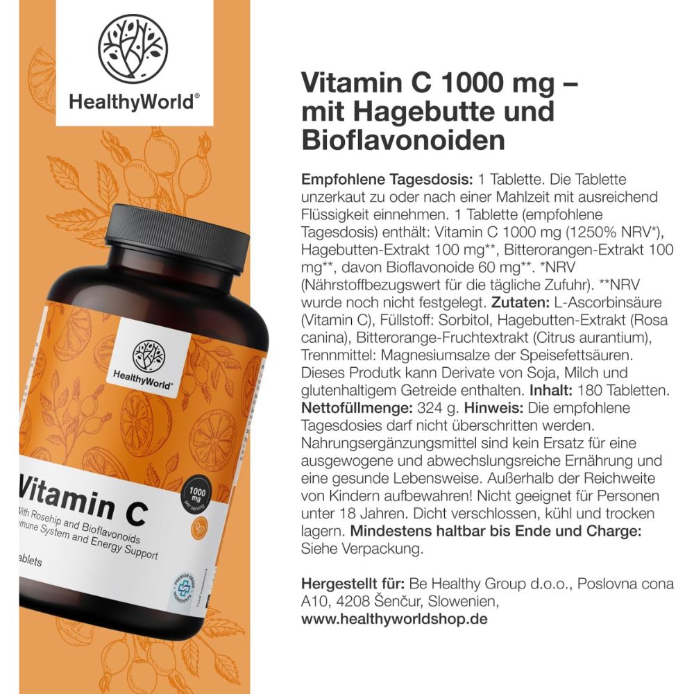 HealthyWorld | Vitamin C 1000 mg mit Hagebutte und Bioflavonoiden - 180 Tabletten