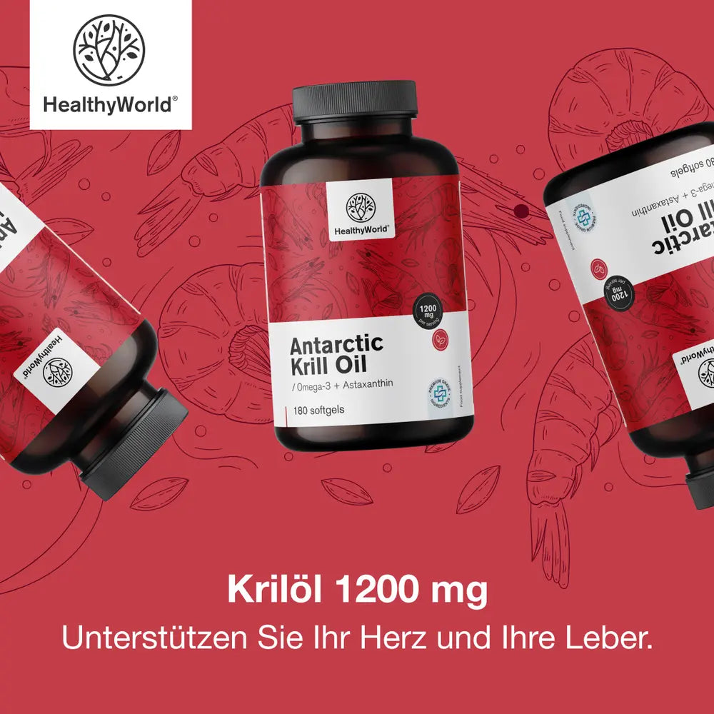 HealthyWorld | Krillöl 1200 mg für Herz, Blutgefäße und Leber - 180 Weichkapseln