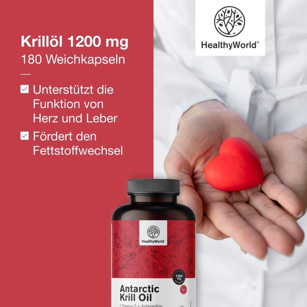 HealthyWorld | Krillöl 1200 mg für Herz, Blutgefäße und Leber - 180 Weichkapseln