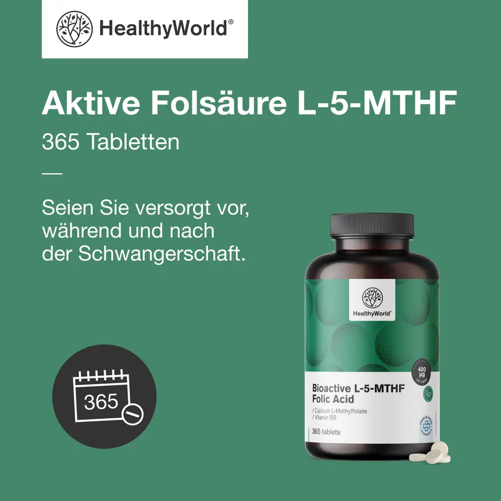 HealthyWorld | Aktive Folsäure L-5-MTHF Schwangerschaftsvitamin - 365 Tabletten