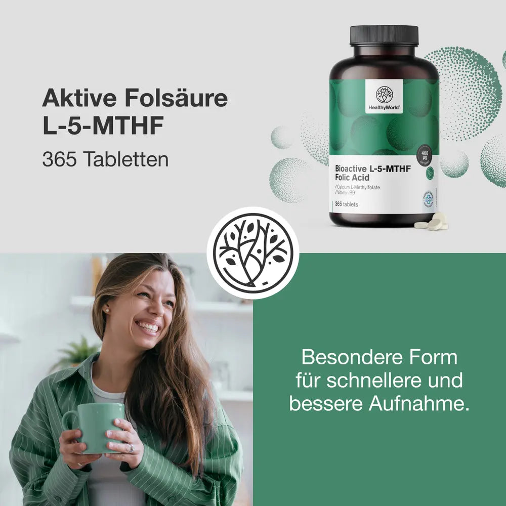 HealthyWorld | Aktive Folsäure L-5-MTHF Schwangerschaftsvitamin - 365 Tabletten