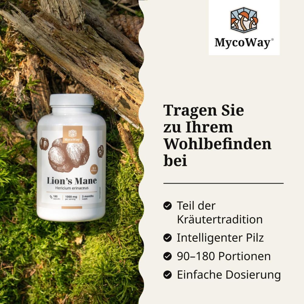 MycoWay | Lion's Mane 1000 mg – Extrakt 5:1 - 180 Kapseln