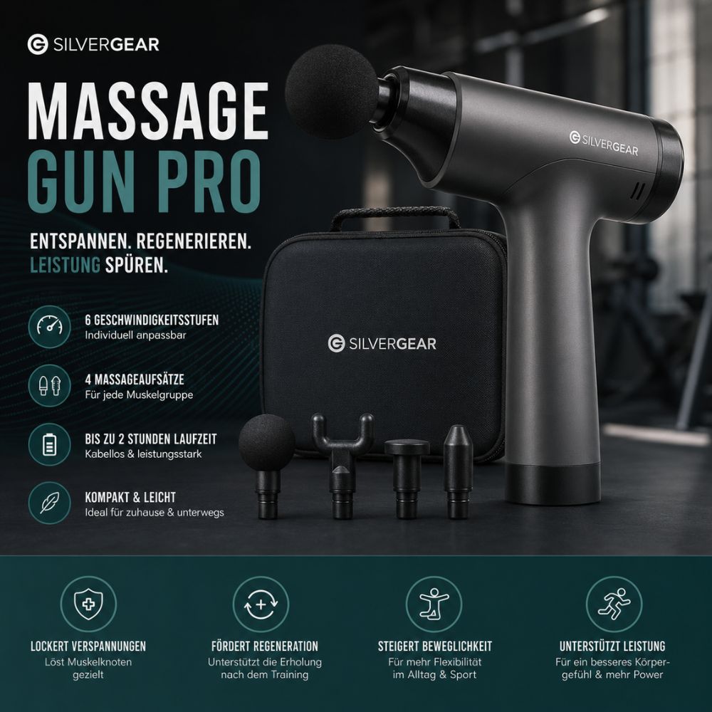 Silvergear | Massage Gun Pro – Massagepistole mit 6 Geschwindigkeitsstufen und 4 Aufsätzen