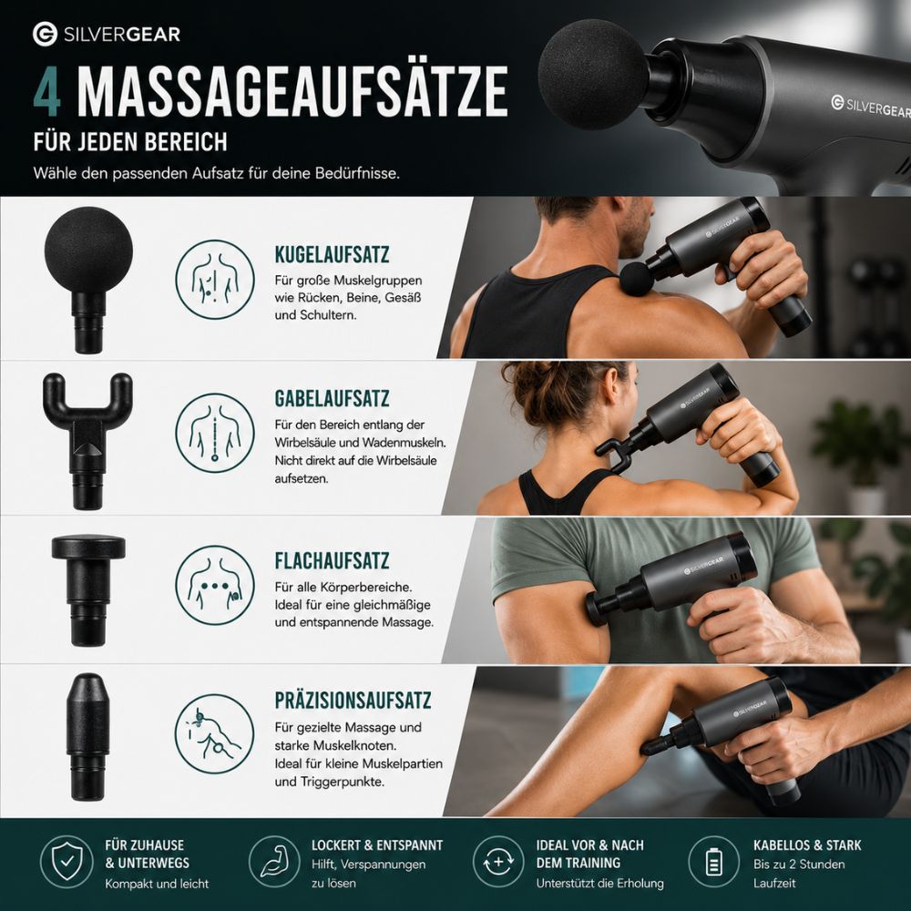 Silvergear | Massage Gun Pro – Massagepistole mit 6 Geschwindigkeitsstufen und 4 Aufsätzen