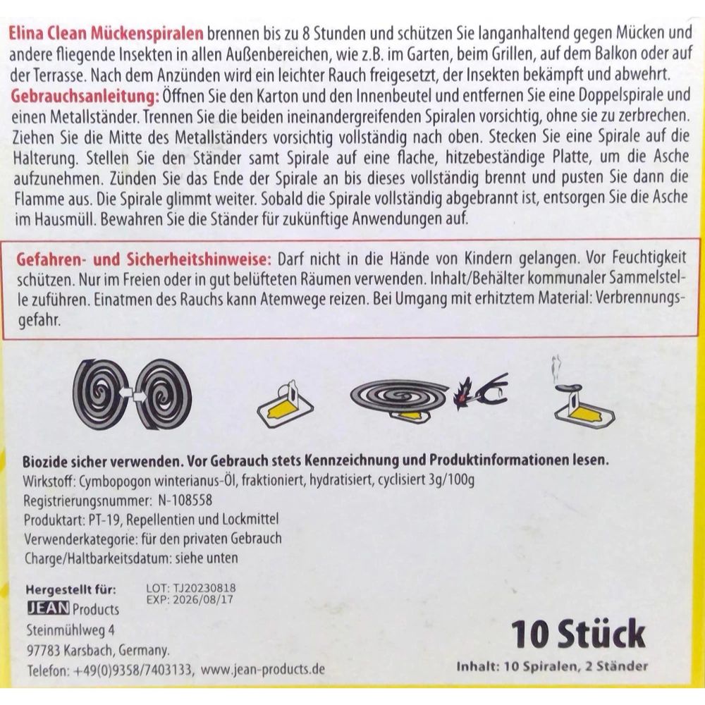 Elina Clean | Mückenspirale mit Metallständern - 10 Stück