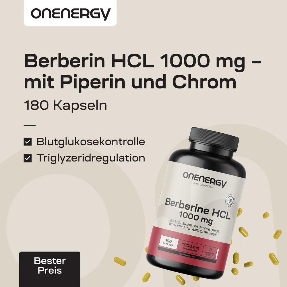 Onenergy | Berberin HCL 1000 mg - mit Piperin und Chrom - 180 Kapseln