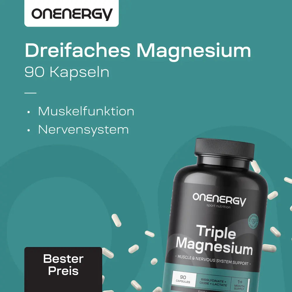 OnEnergy | Dreifaches Magnesium mit Bisglycinat + Oxid + Laktat – 90 Kapseln