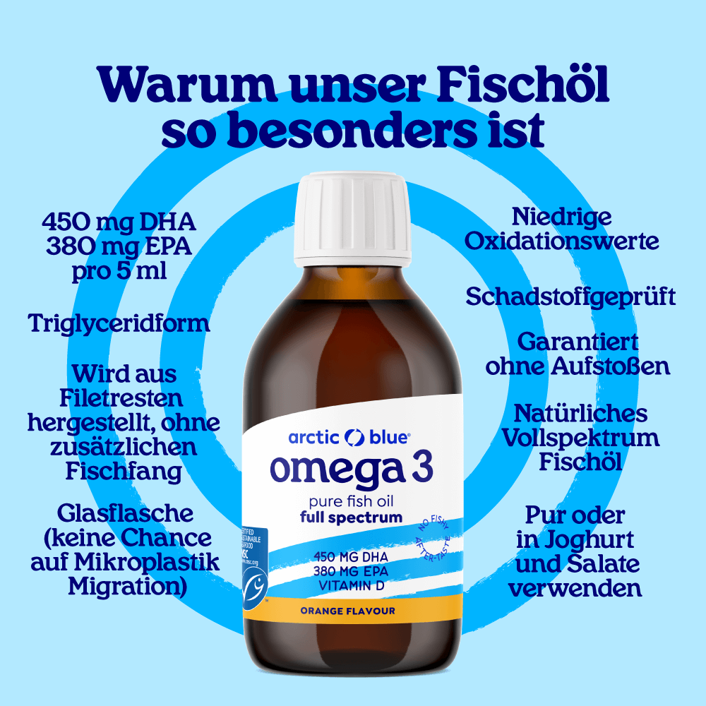 Arctic Blue | Omega 3 DHA- und EPA-Fischöl mit Vitamin D3 (Orangengeschmack) - MSC - 250 ml