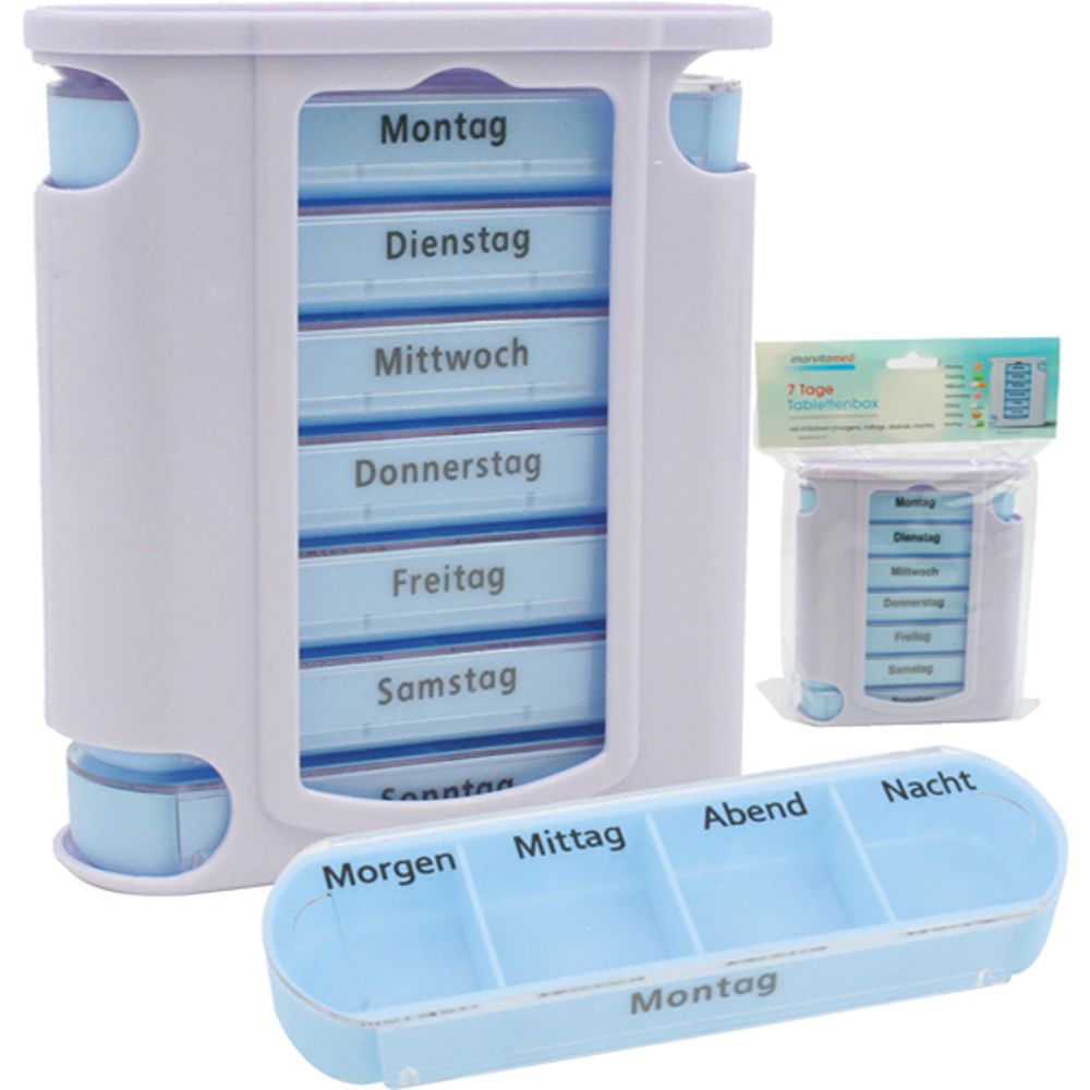 Marvita Med | 7 Tage Pillenbox Turm mit Tageseinteilung - Weiss/Blau