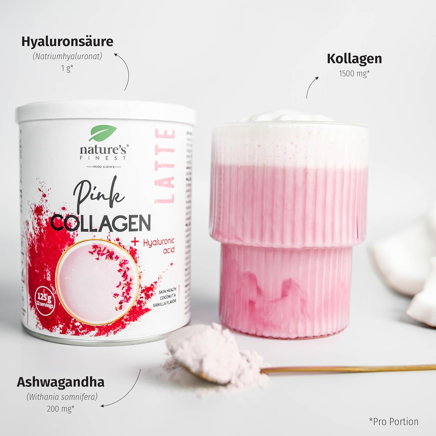 Nature's Finest I PINK LATTE Kollagen mit Hyaluronsäure und Ashwagandha
