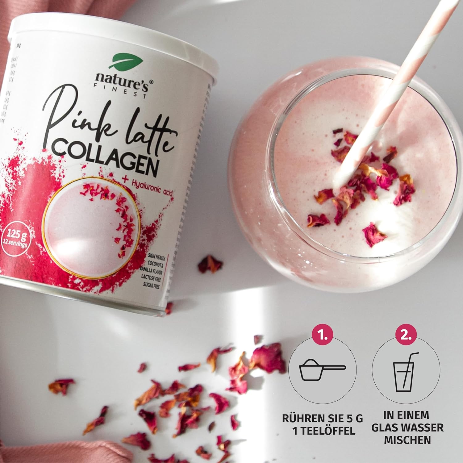 Nature's Finest I PINK LATTE Kollagen mit Hyaluronsäure und Ashwagandha