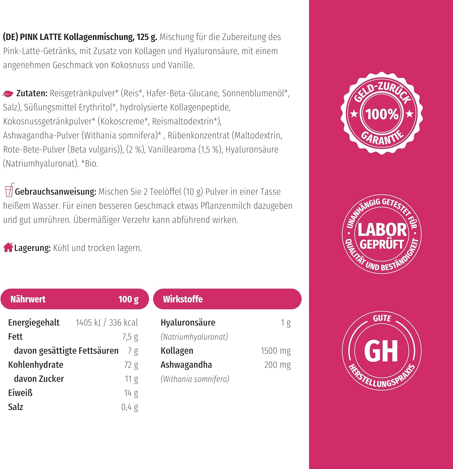 Nature's Finest I PINK LATTE Kollagen mit Hyaluronsäure und Ashwagandha