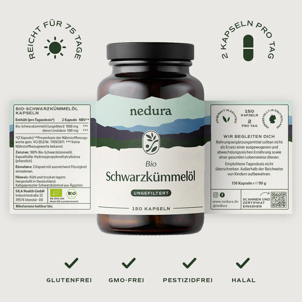 Nedura BIO Schwarzkümmelöl Kapseln (ungefiltert) – 150 Stück