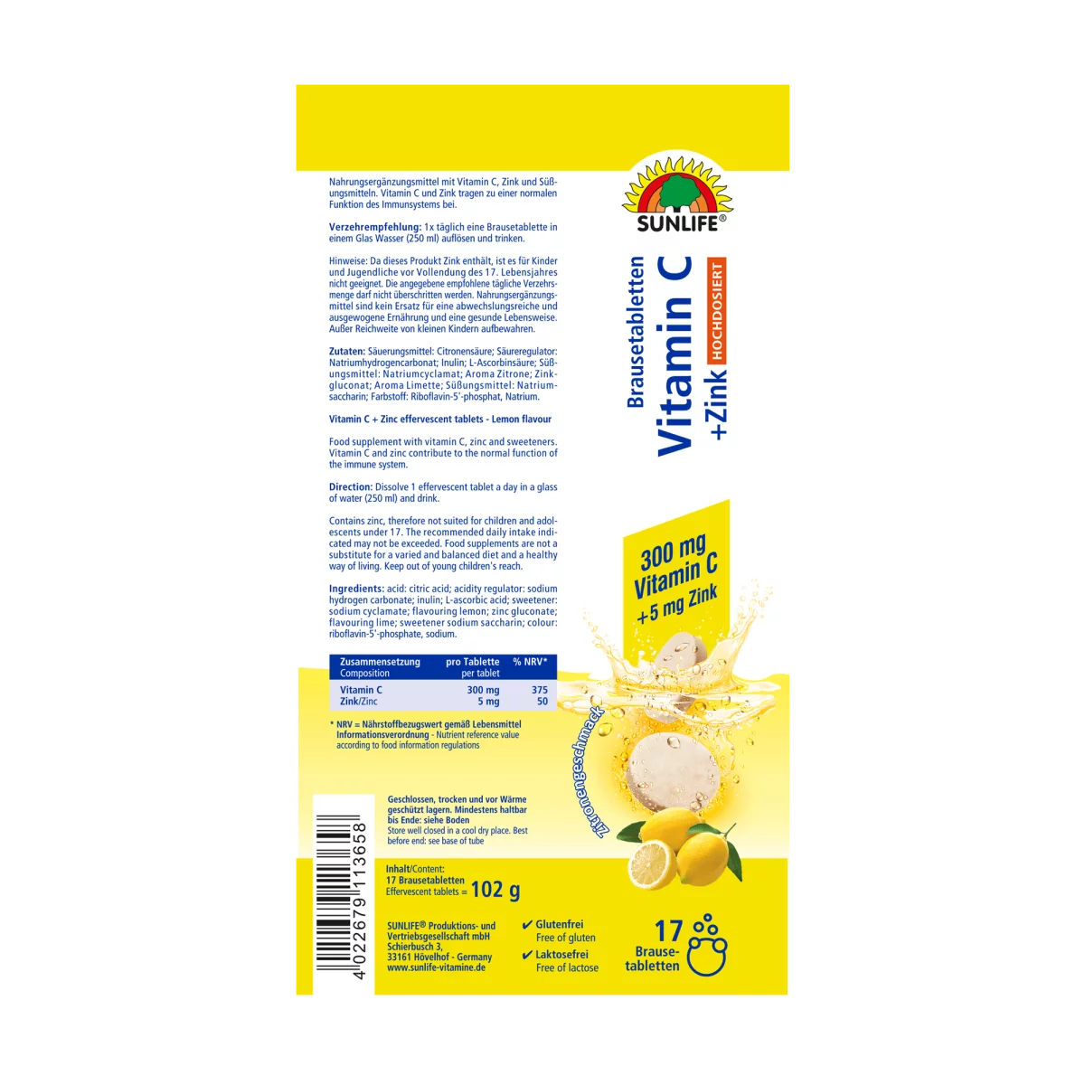 Sunlife | Premium hochdosierte Vitamin C + Zink Brausetabletten