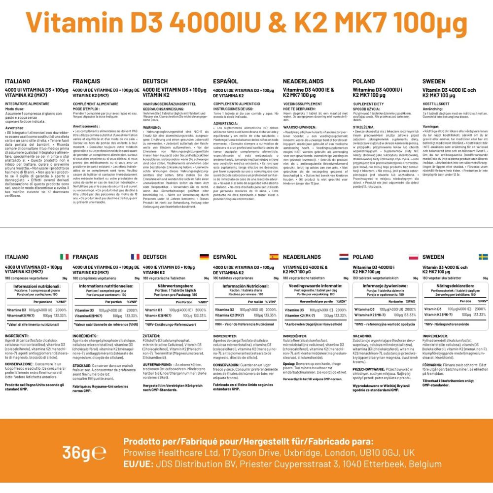 Prowise Healthcare | Vitamin D3 4000 IE & K2 MK7 100 µg - 180 Vegetarische Tabletten