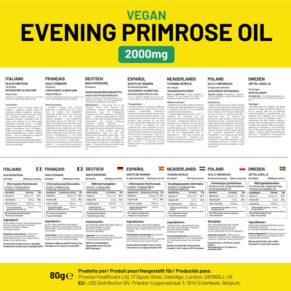 Prowise Healthcare | Veganes Nachtkerzenöl 2000mg mit Vitamin E & B6 – 60 Weichkapseln