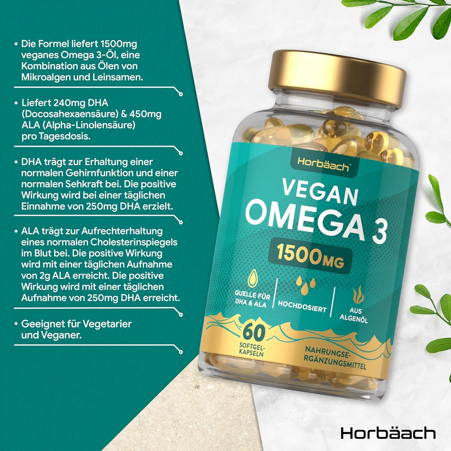 Horbaach | Omega 3 Vegan 1500mg aus Algenöl | 60 Kapseln mit Hochdosiert ALA und DHA pro Portion