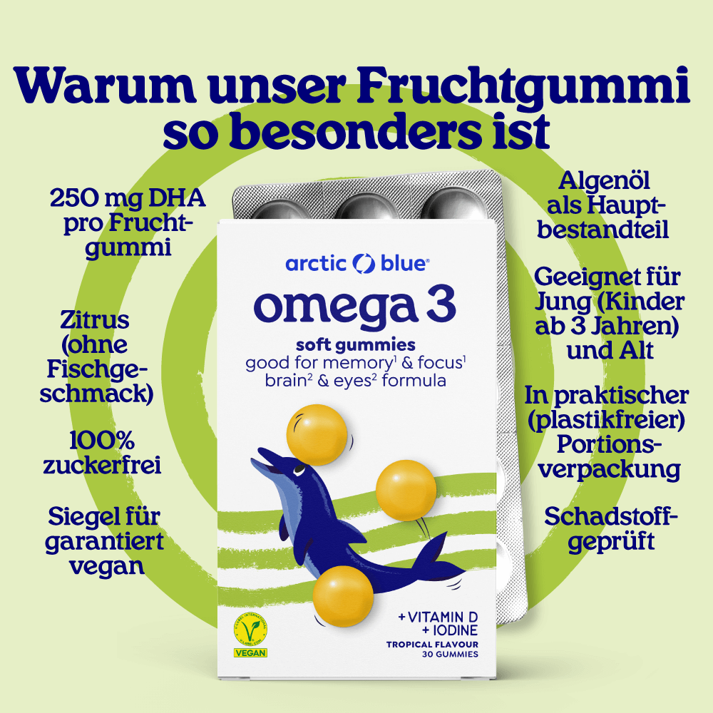 Arctic Blue | Vegane Omega-3-Gummis DHA Vitamin D3 und Jod (30 Gummis)