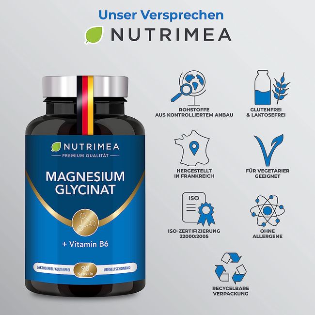 Nutrimea | Magnesium Glycinat + Vitamin B6 - Optimale Bioverfügbarkeit - 1,5 Monatsvorrat