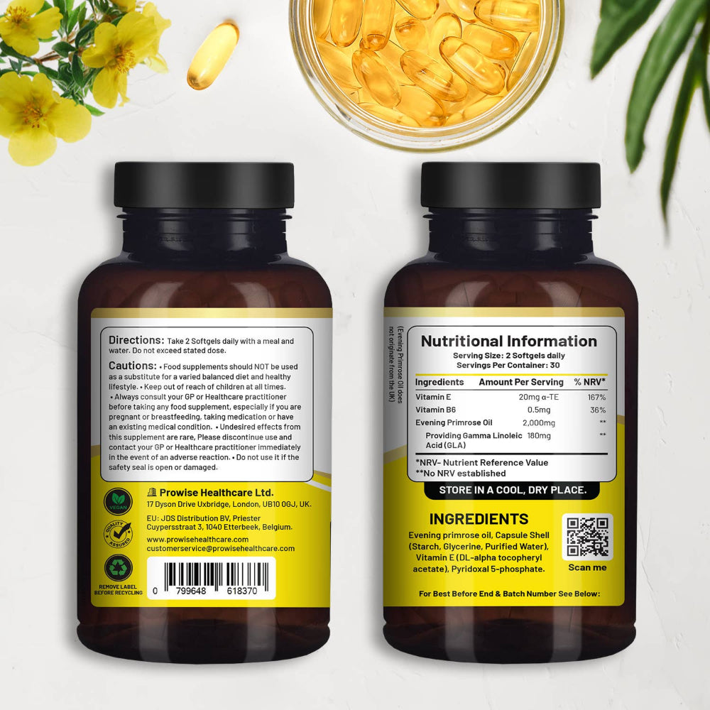 Prowise Healthcare | Veganes Nachtkerzenöl 2000mg mit Vitamin E & B6 – 60 Weichkapseln