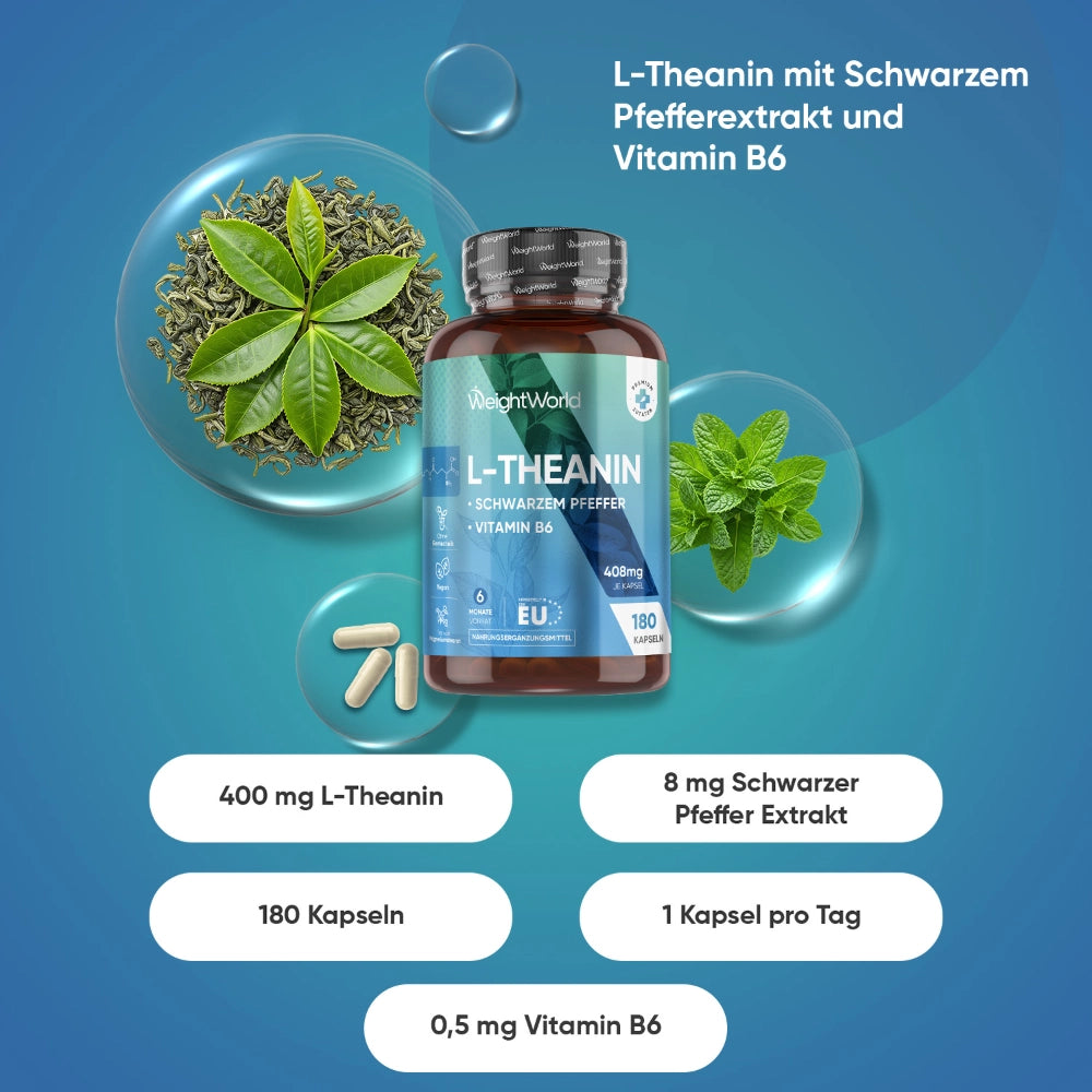 WeightWorld | L-Theanin Kapseln mit schwarzem Pfeffer und Vitamin B6 - 180 Kapseln