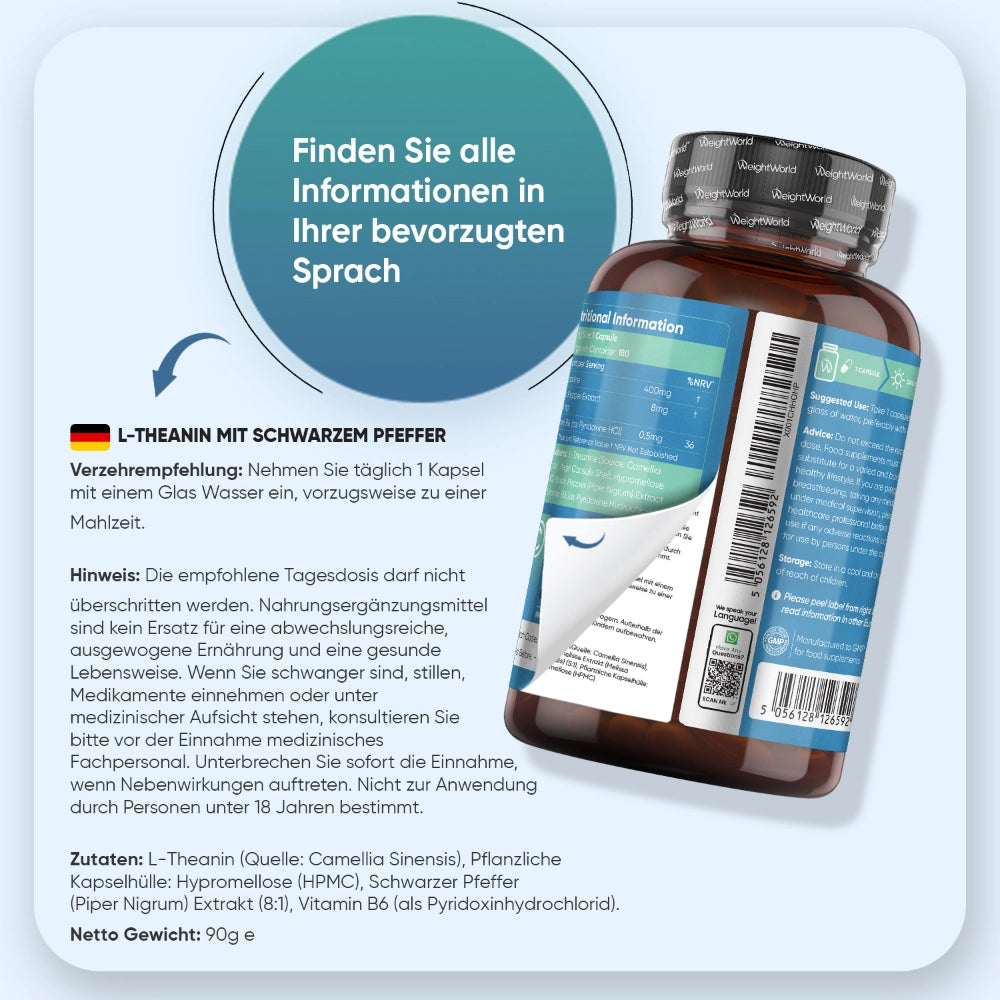 WeightWorld | L-Theanin Kapseln mit schwarzem Pfeffer und Vitamin B6 - 180 Kapseln