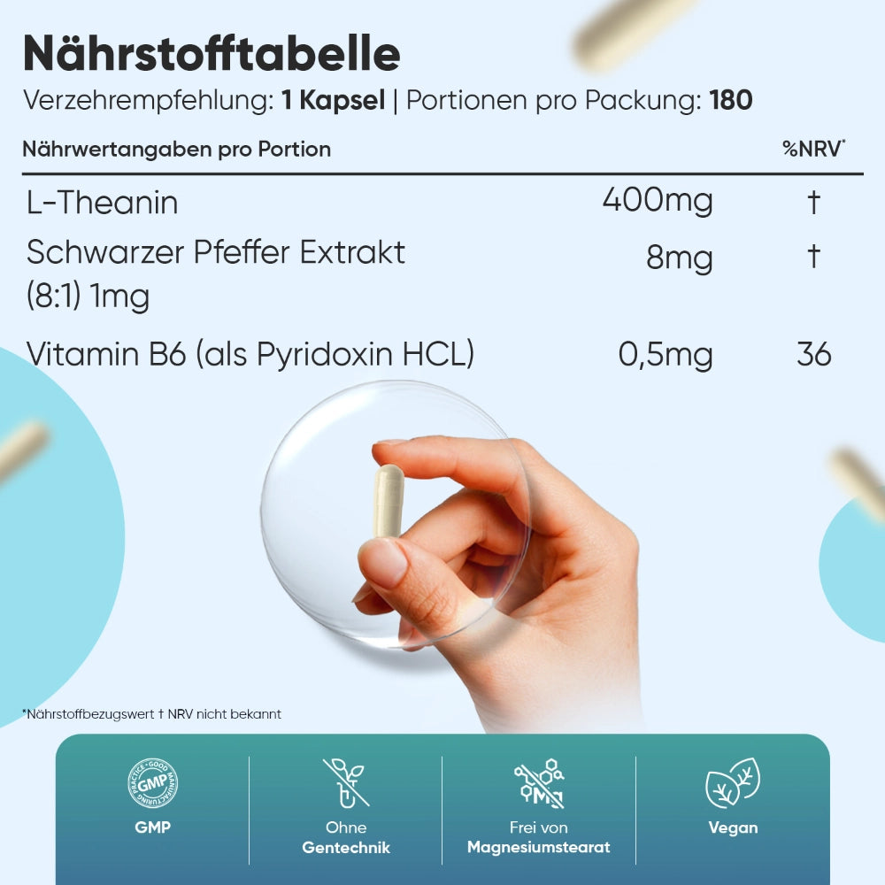 WeightWorld | L-Theanin Kapseln mit schwarzem Pfeffer und Vitamin B6 - 180 Kapseln