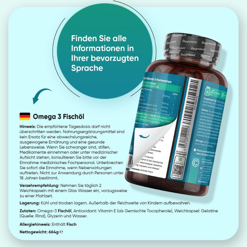 WeightWorld | Omega 3 Fischöl für Herz, Gehirn, Augen & Energie - 240 Weichkapseln